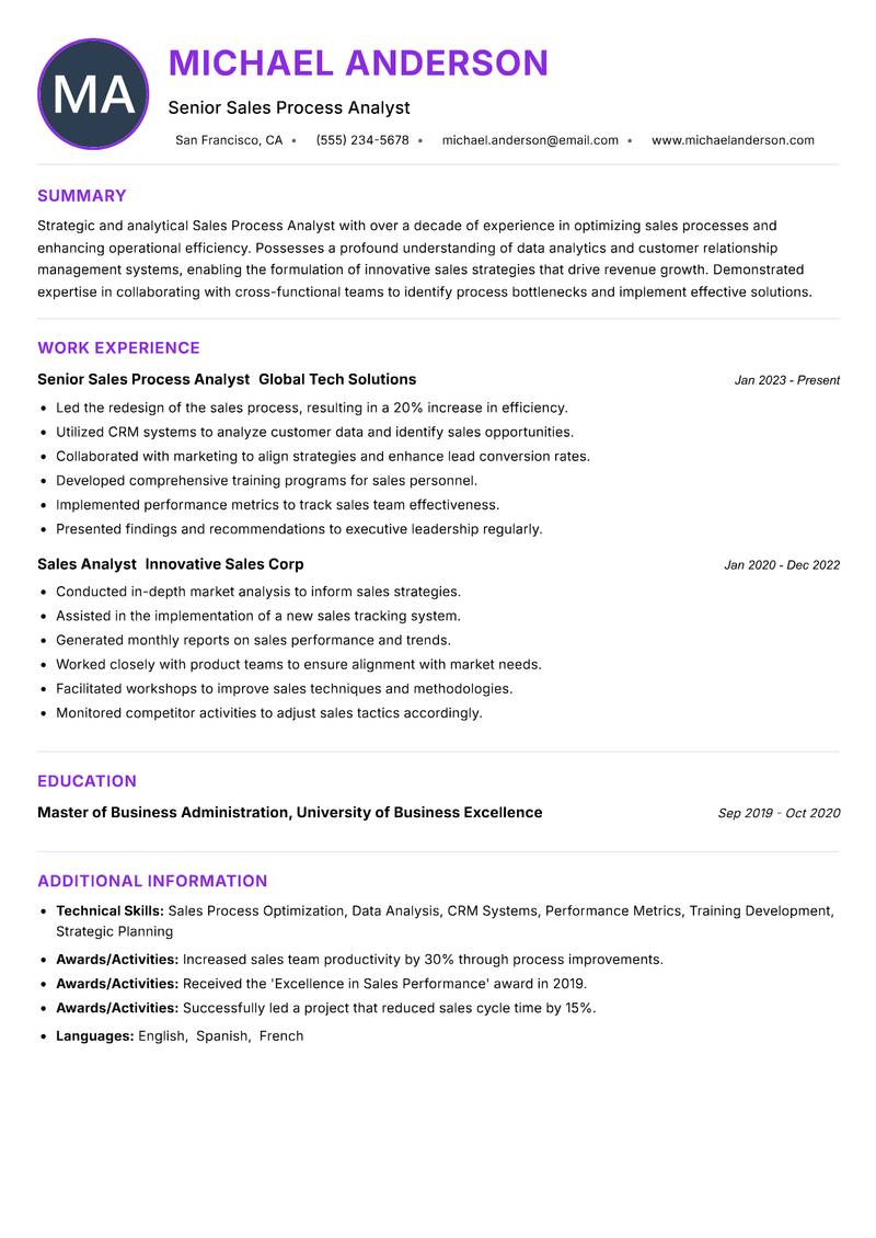 Sales Process Analyst resume example