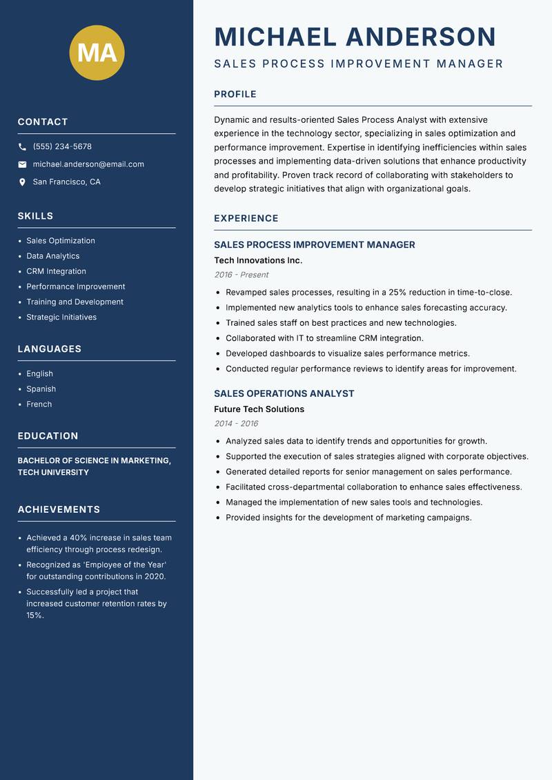 Sales Process Analyst resume sample — Sales Process Improvement Manager focus