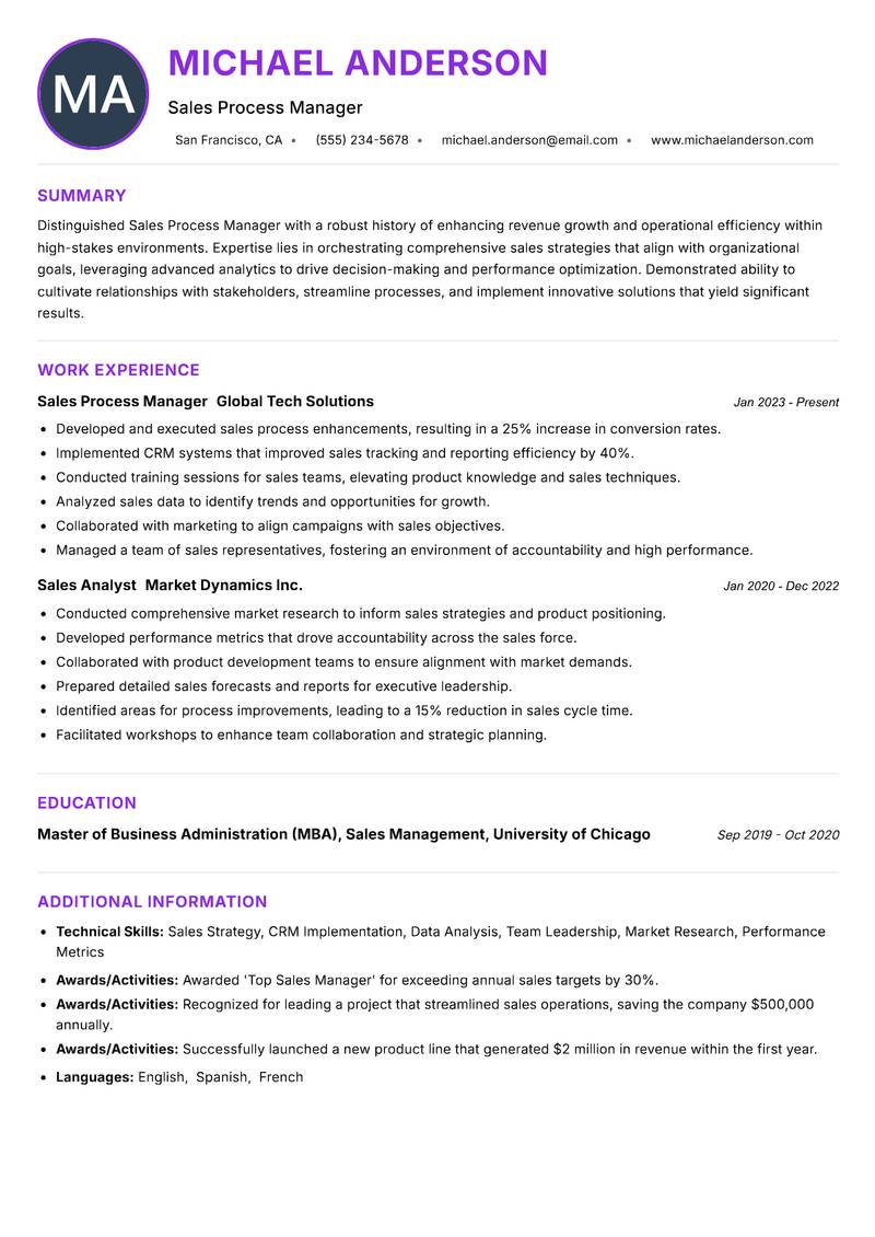 Sales Process Manager resume example