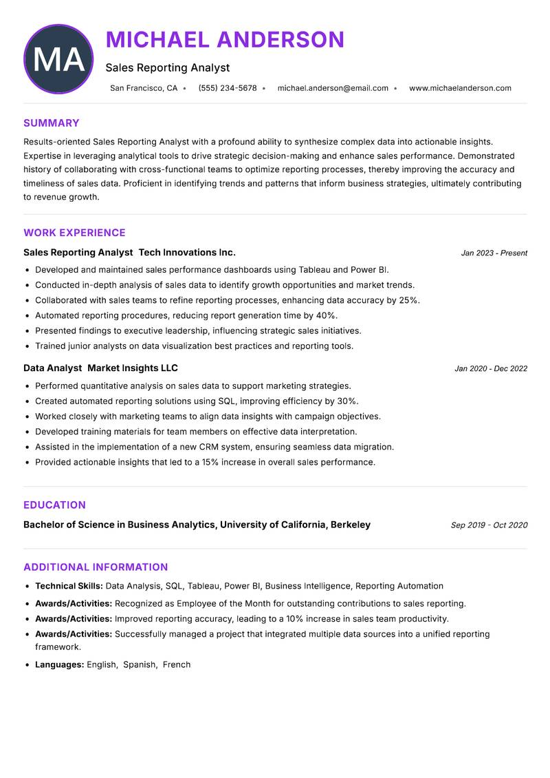 Sales Reporting Analyst resume example