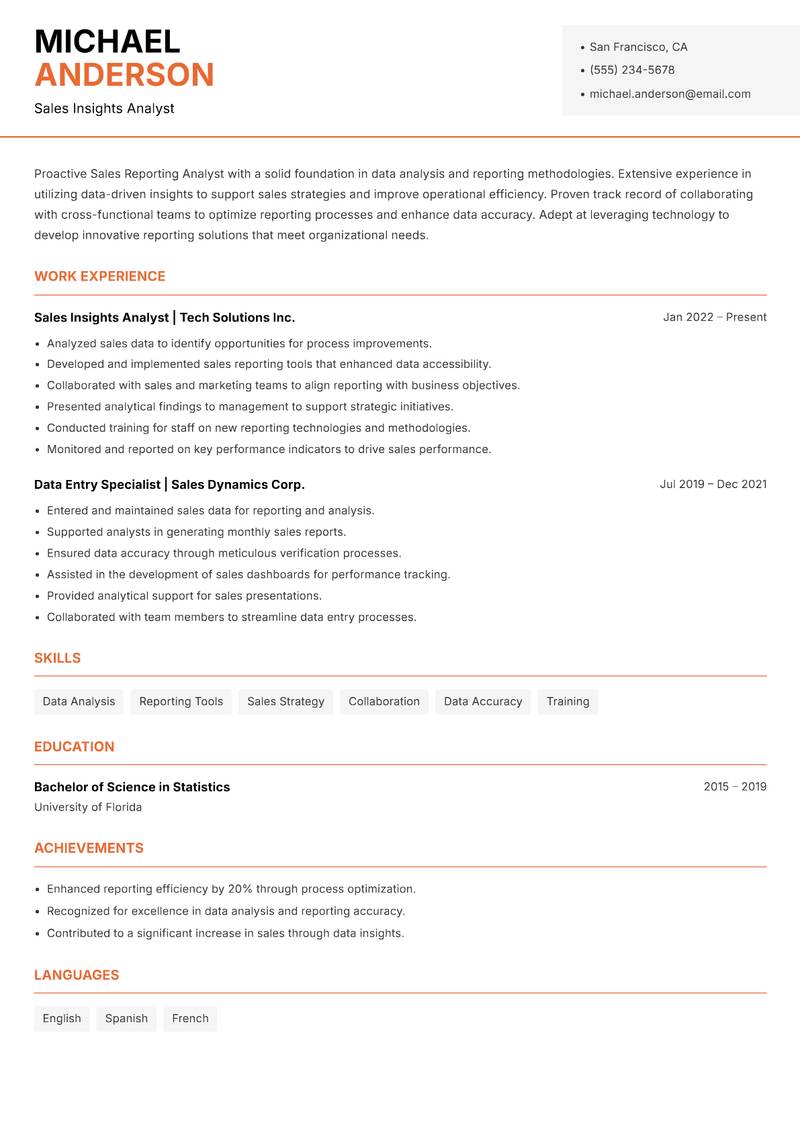 Sales Reporting Analyst resume sample — Sales Insights Analyst focus