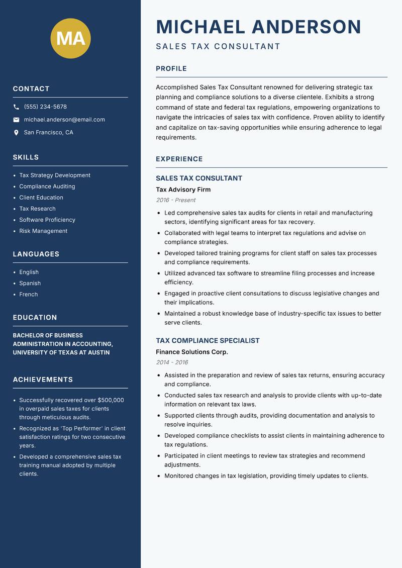 Sales Tax Consultant resume sample — Sales Tax Consultant focus