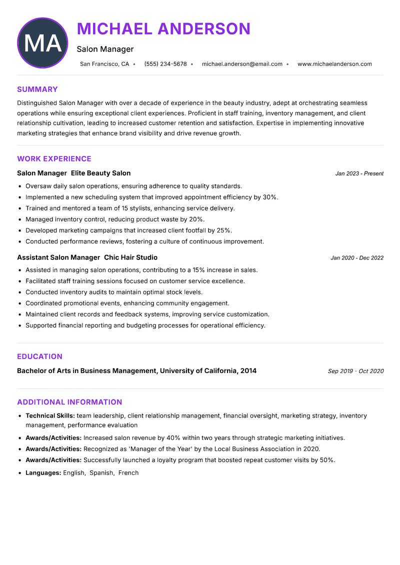 Salon Manager resume example