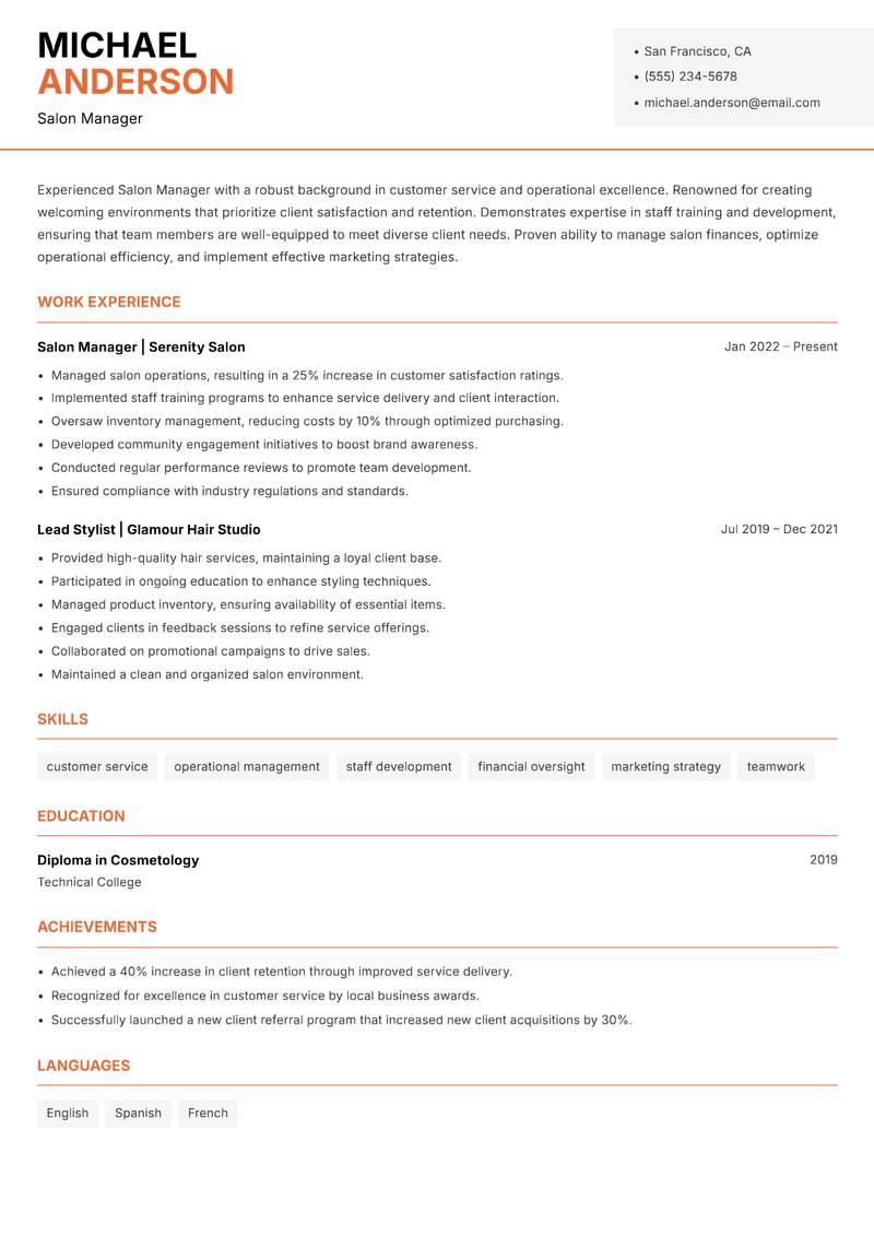Salon Manager resume sample — Salon Manager focus