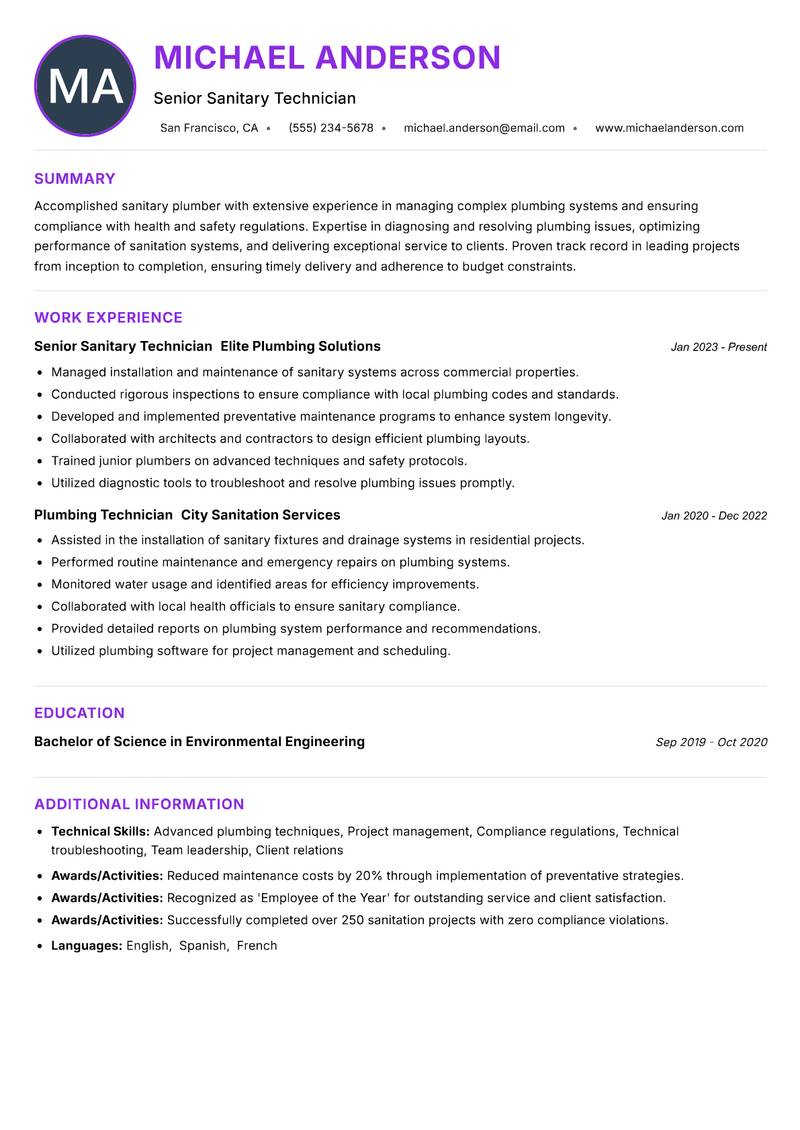 Sanitary Plumber resume example