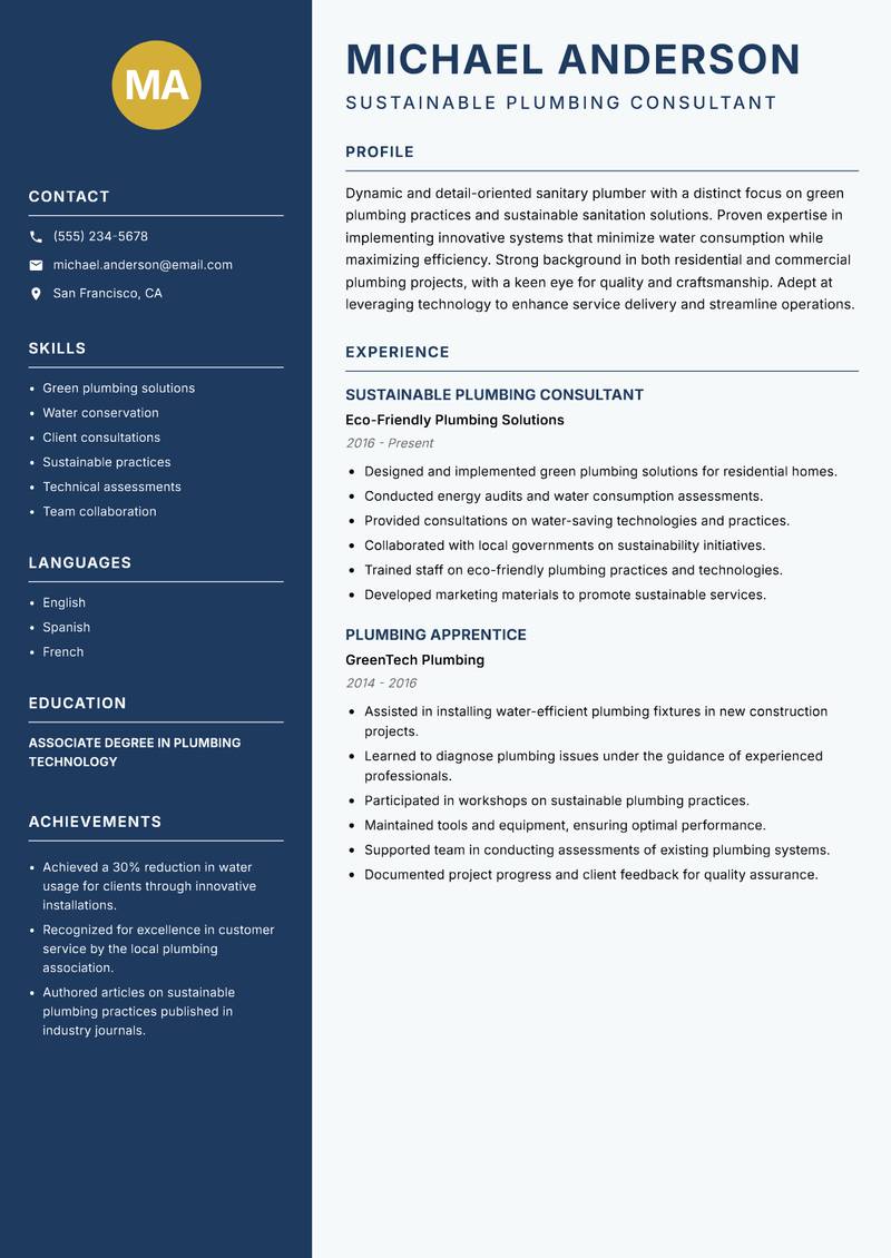 Sanitary Plumber resume sample — Sustainable Plumbing Consultant focus