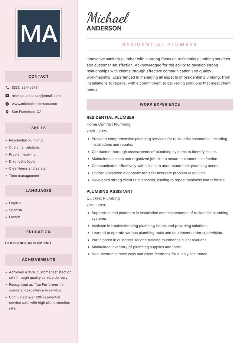 Sanitary Plumber resume sample — Residential Plumber focus
