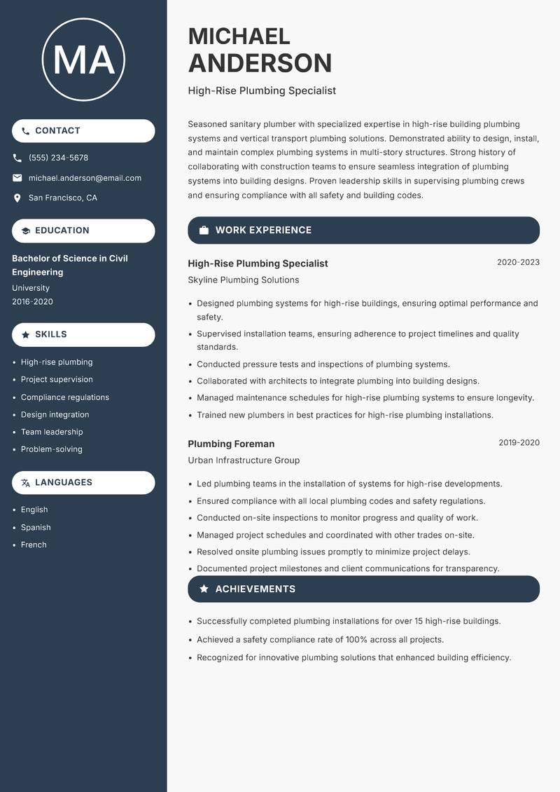Sanitary Plumber resume sample — High-Rise Plumbing Specialist focus