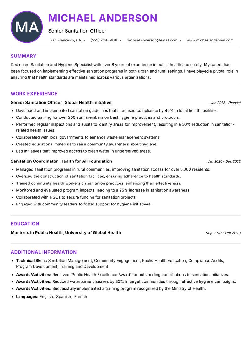 Sanitation and Hygiene Specialist resume example