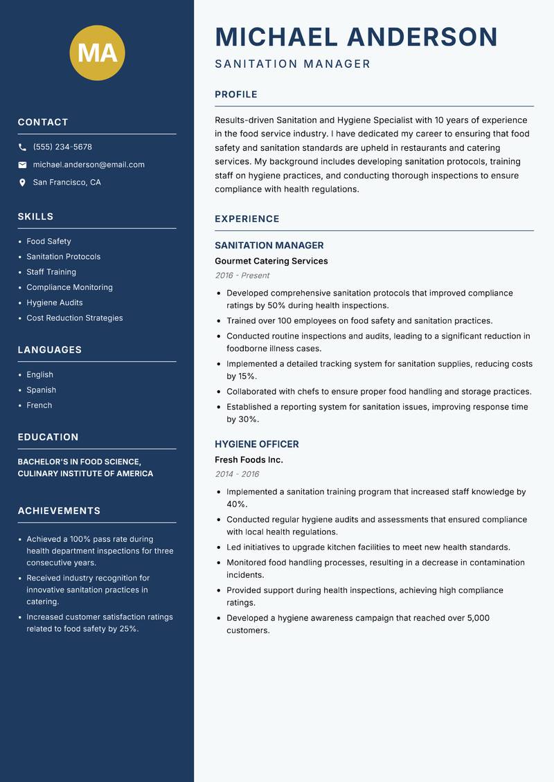 Sanitation and Hygiene Specialist resume sample — Sanitation Manager focus