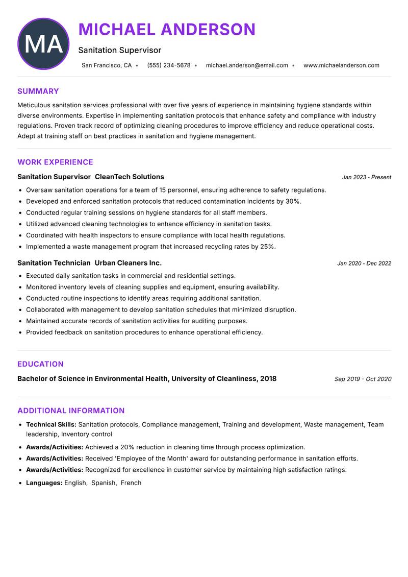 Sanitation Services Assistant resume example