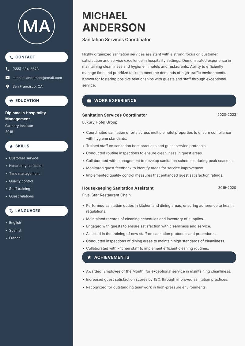 Sanitation Services Assistant resume sample — Sanitation Services Coordinator focus