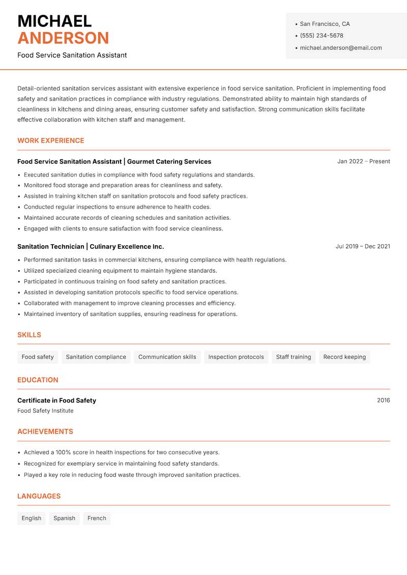 Sanitation Services Assistant resume sample — Food Service Sanitation Assistant focus