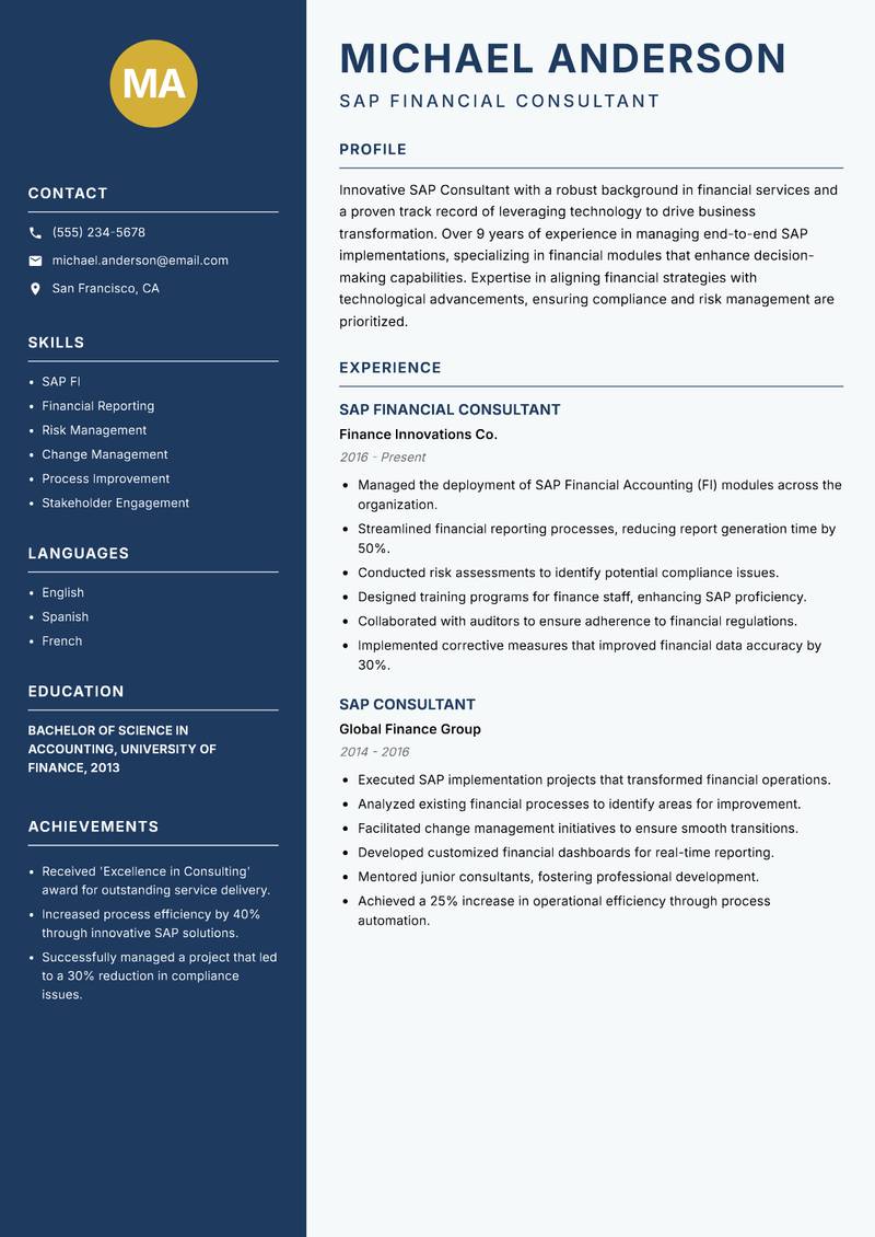 SAP Consultant resume sample — SAP Financial Consultant focus