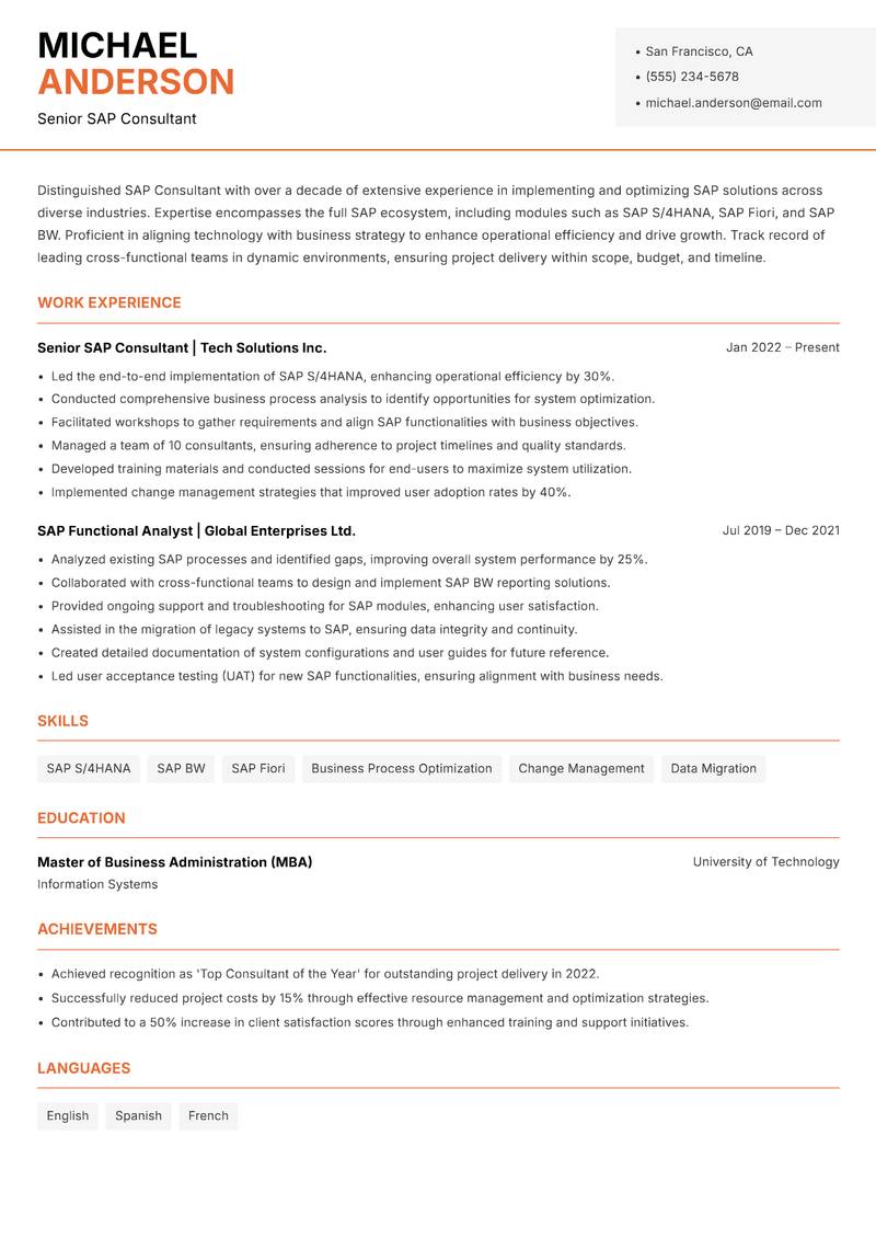 SAP Consultant resume sample — Senior SAP Consultant focus