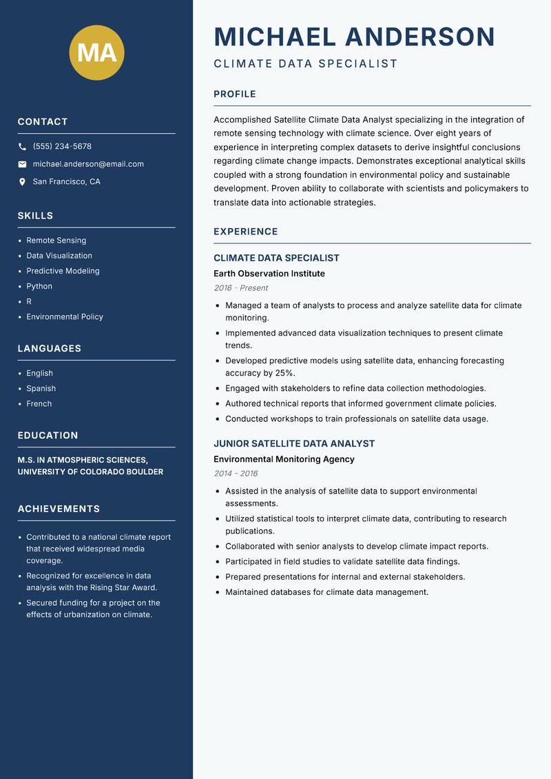 Satellite Climate Data Analyst resume sample — Climate Data Specialist focus