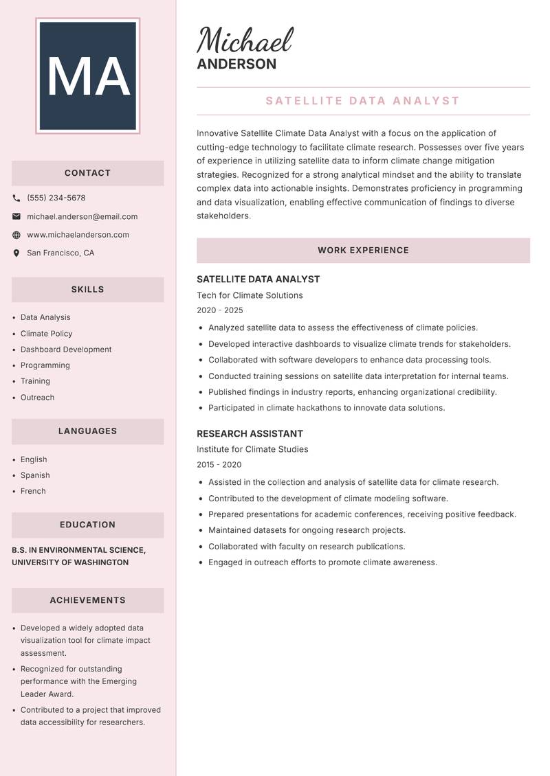 Satellite Climate Data Analyst resume sample — Satellite Data Analyst focus