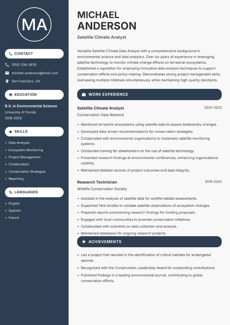 Satellite Climate Data Analyst resume sample — Satellite Climate Analyst focus