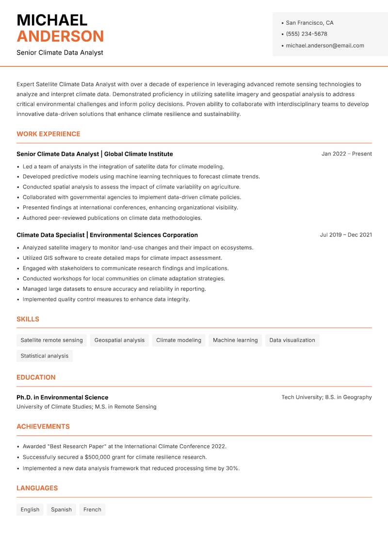 Satellite Climate Data Analyst resume sample — Senior Climate Data Analyst focus