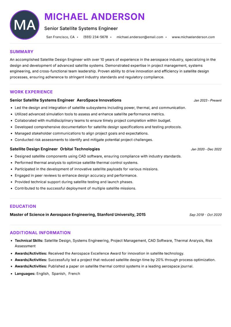 Satellite Design Engineer resume example