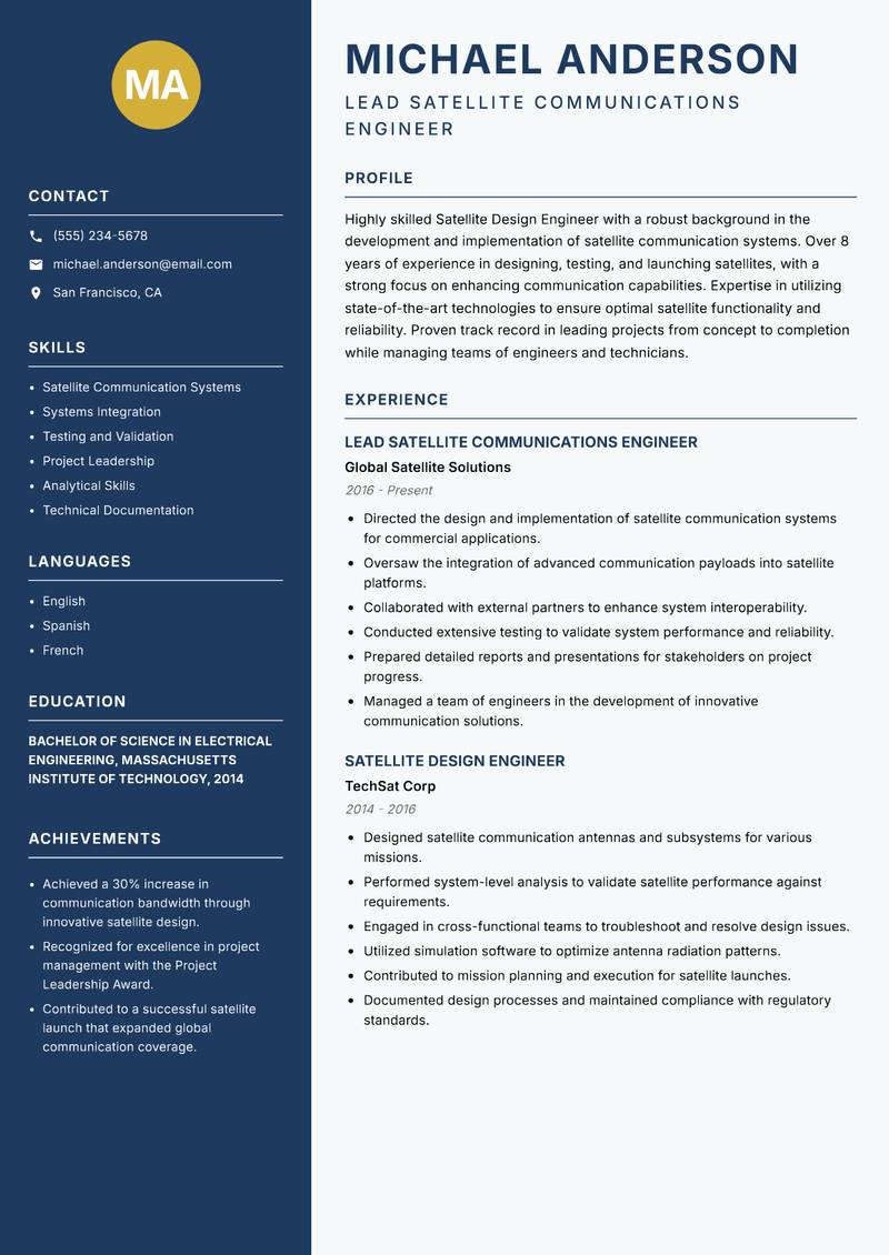 Satellite Design Engineer resume sample — Lead Satellite Communications Engineer focus