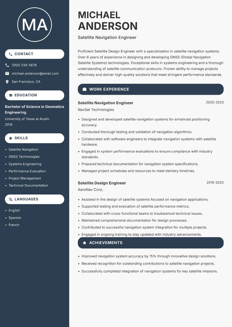 Satellite Design Engineer resume sample — Satellite Navigation Engineer focus