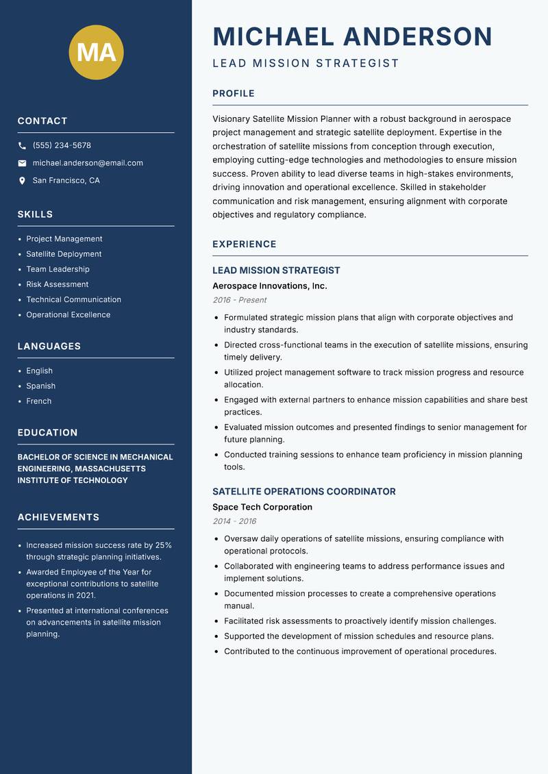 Satellite Mission Planner resume sample — Lead Mission Strategist focus