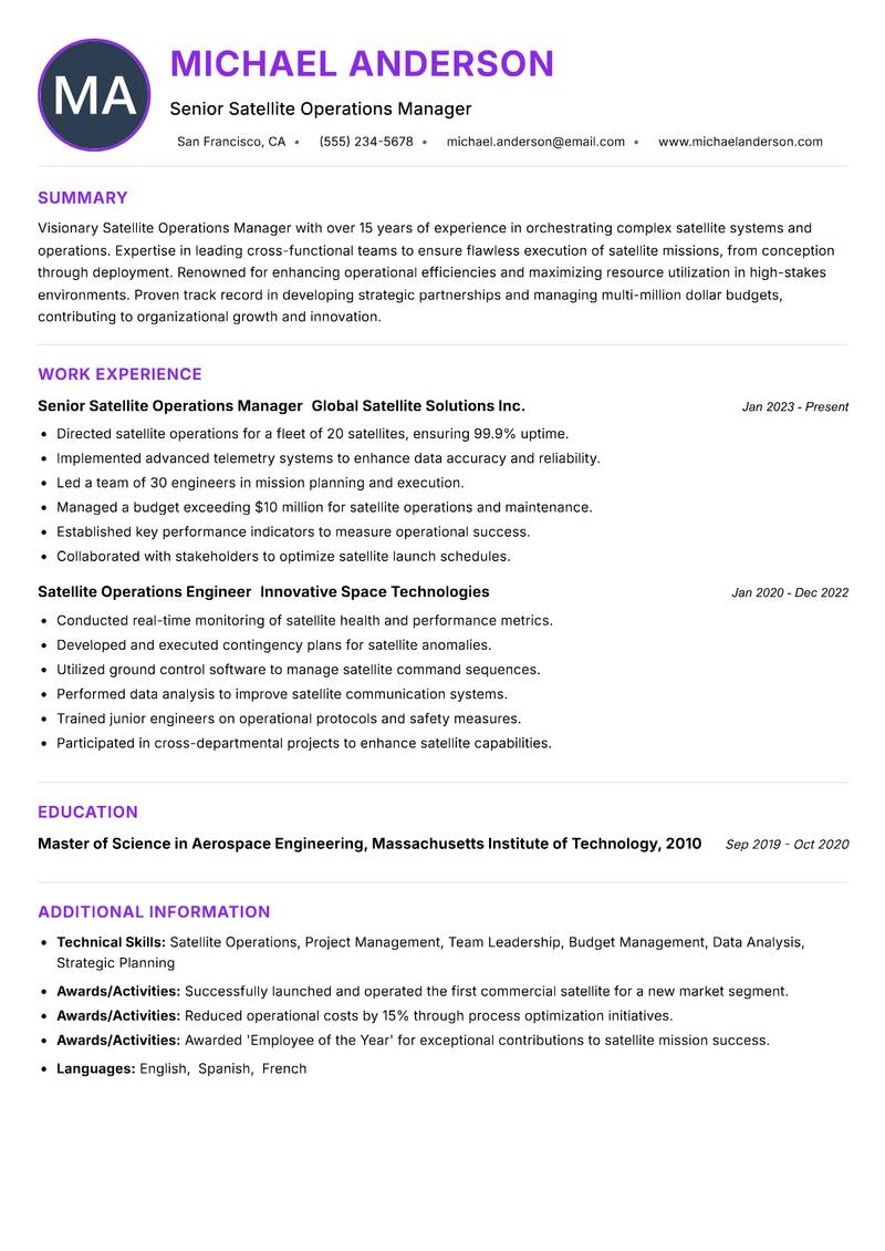Satellite Operations Manager resume example