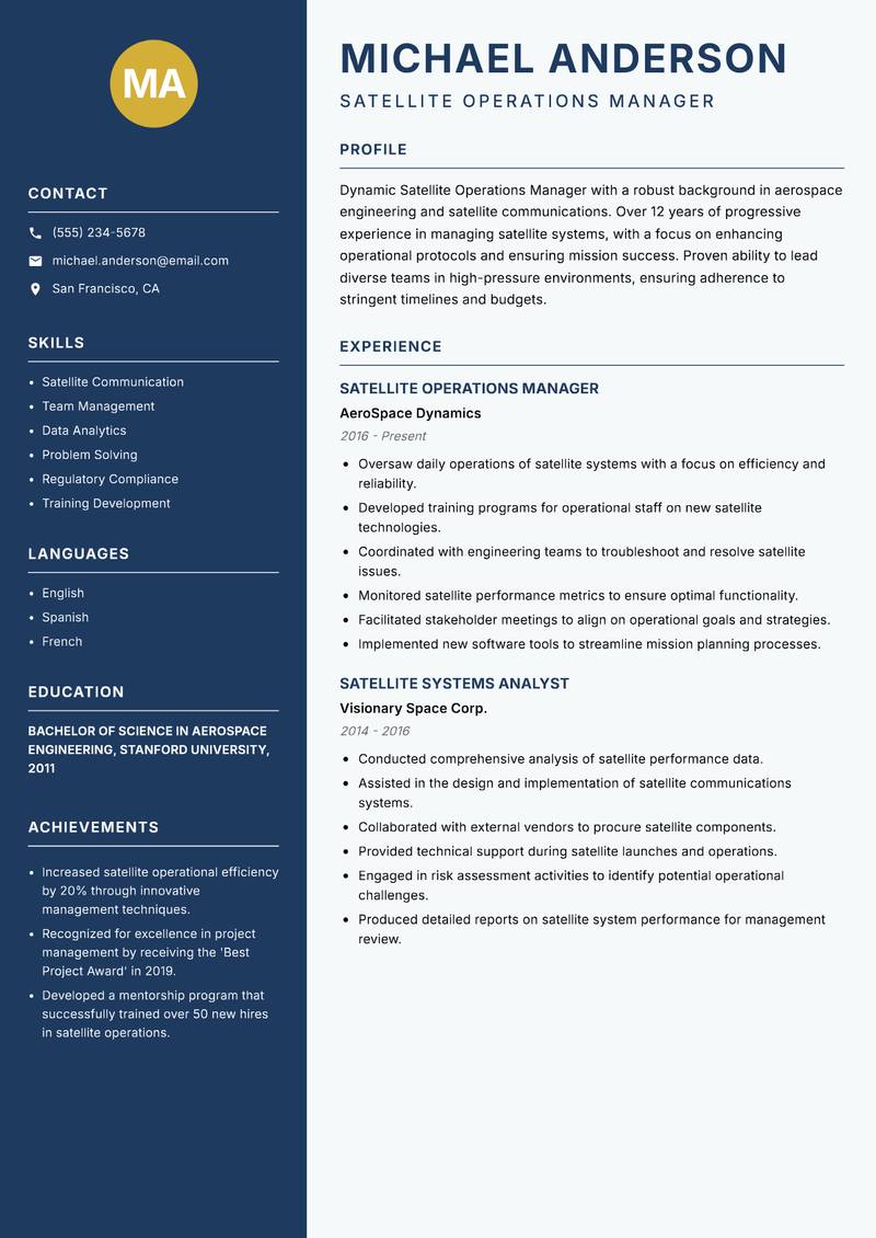 Satellite Operations Manager resume sample — Satellite Operations Manager focus