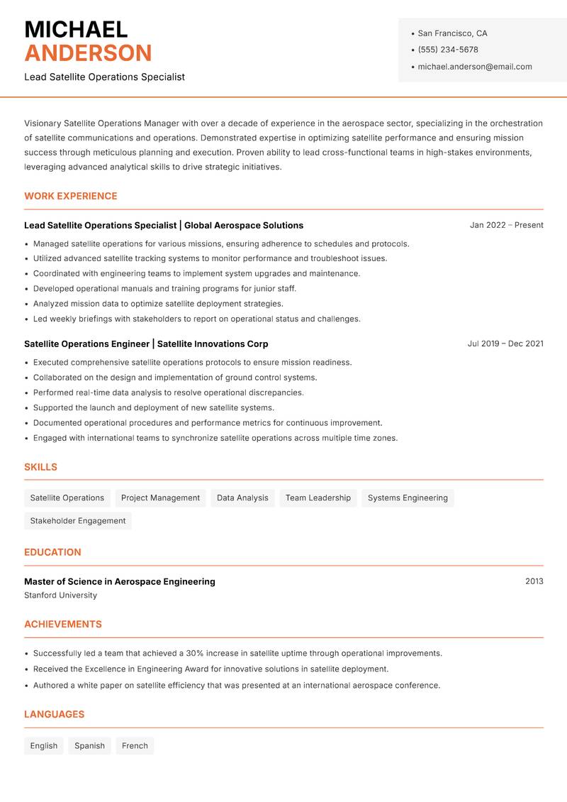 Satellite Operations Manager resume sample — Lead Satellite Operations Specialist focus