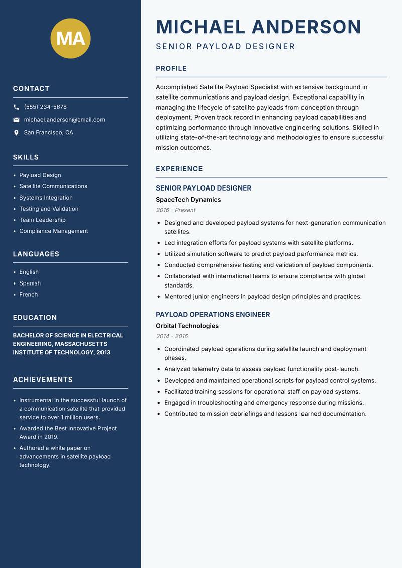 Satellite Payload Specialist resume sample — Senior Payload Designer focus