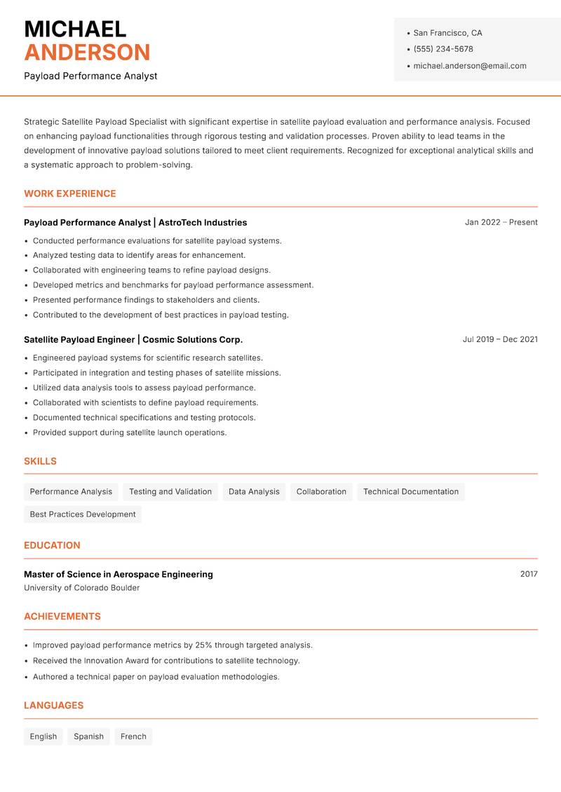 Satellite Payload Specialist resume sample — Payload Performance Analyst focus