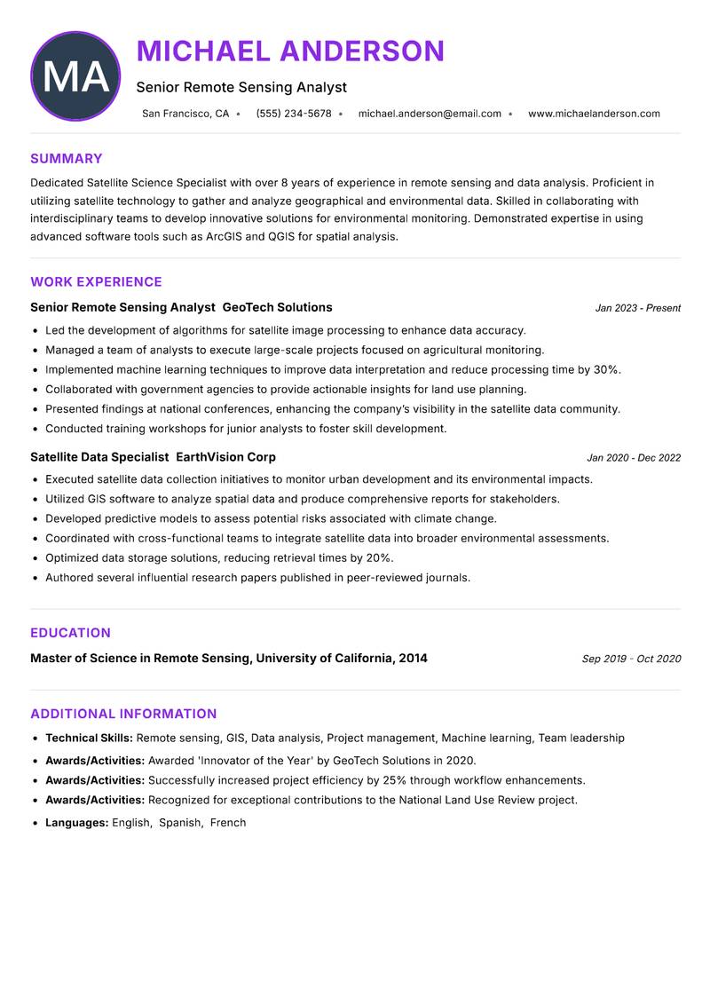 Satellite Science Specialist resume example