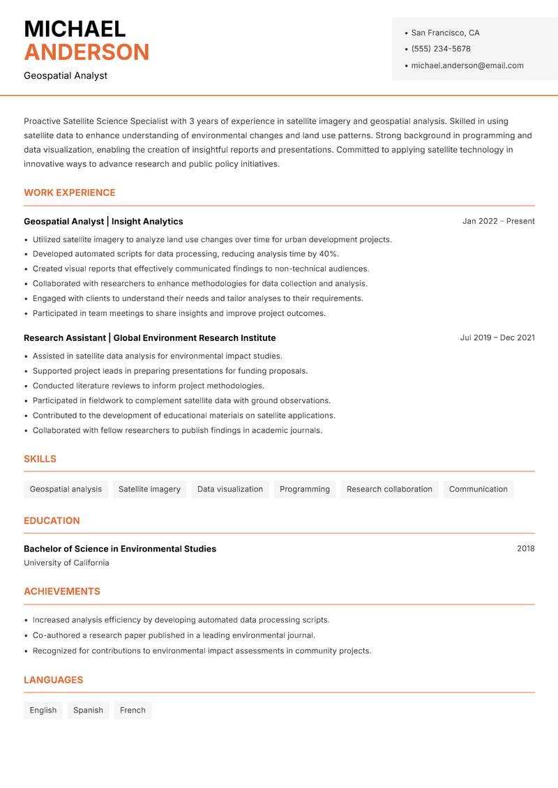 Satellite Science Specialist resume sample — Geospatial Analyst focus