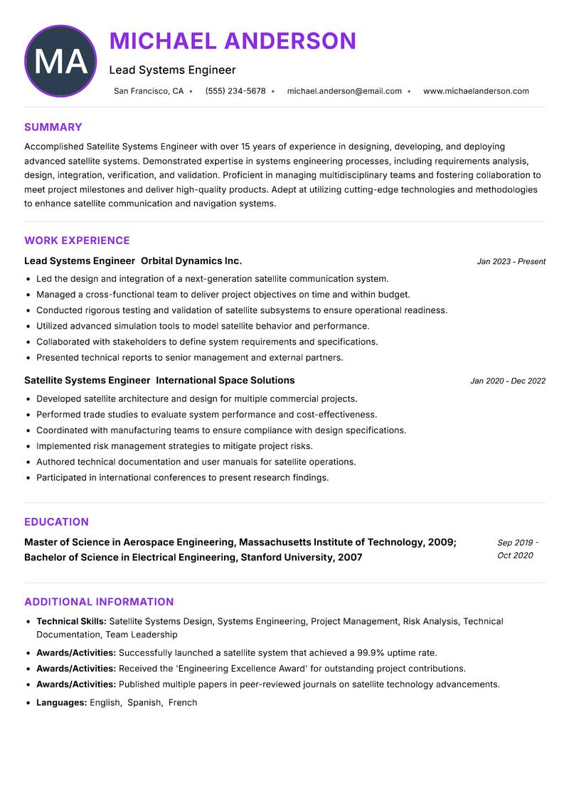 Satellite Systems Engineer resume example