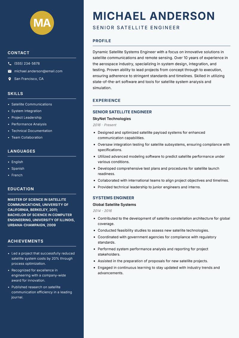 Satellite Systems Engineer resume sample — Senior Satellite Engineer focus