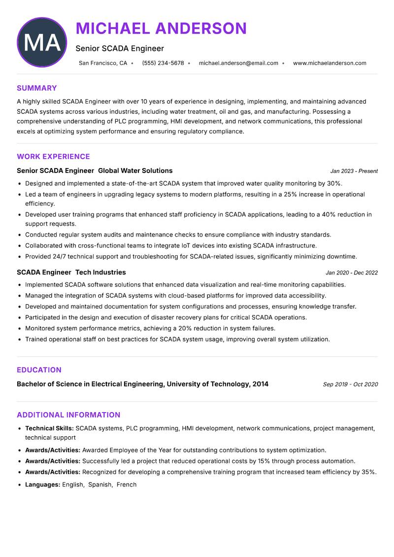 SCADA Engineer resume example