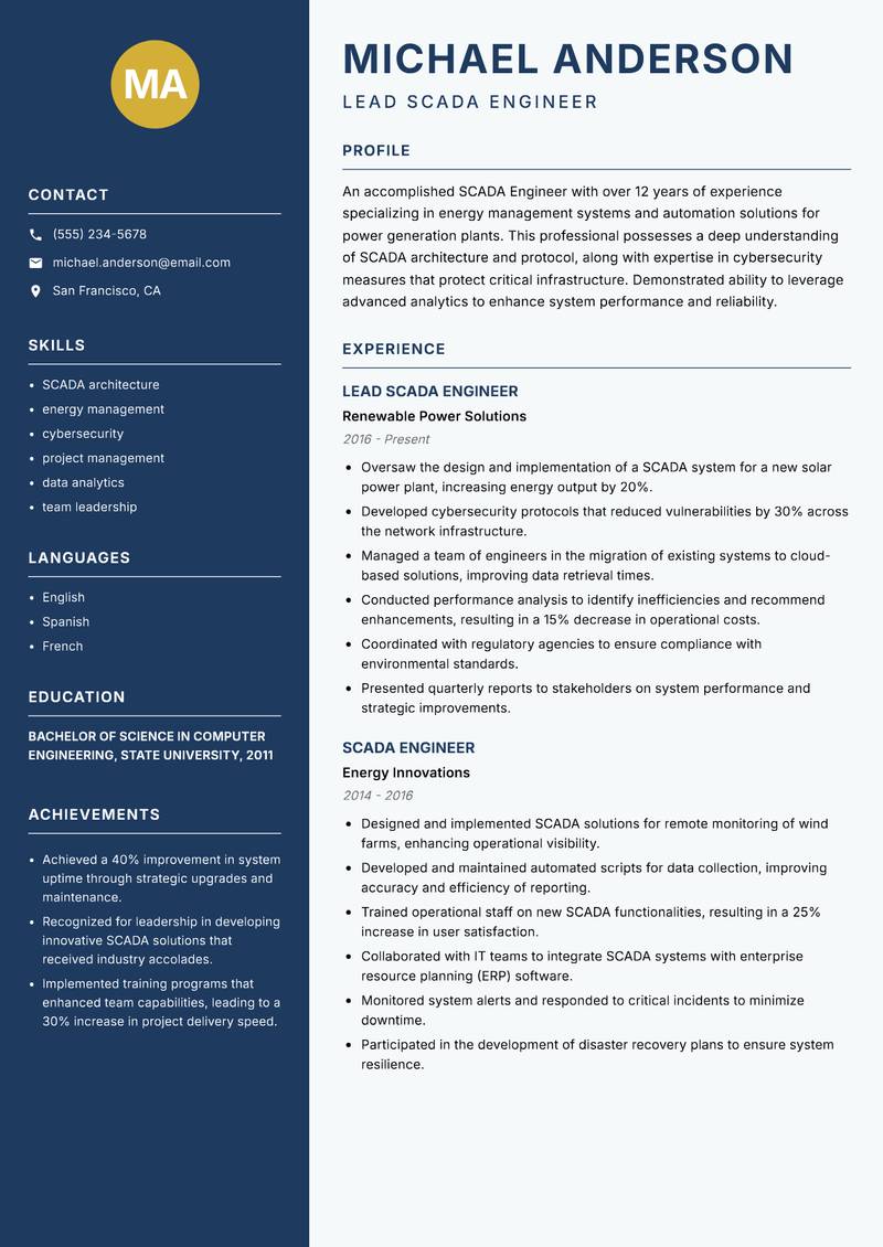 SCADA Engineer resume sample — Lead SCADA Engineer focus