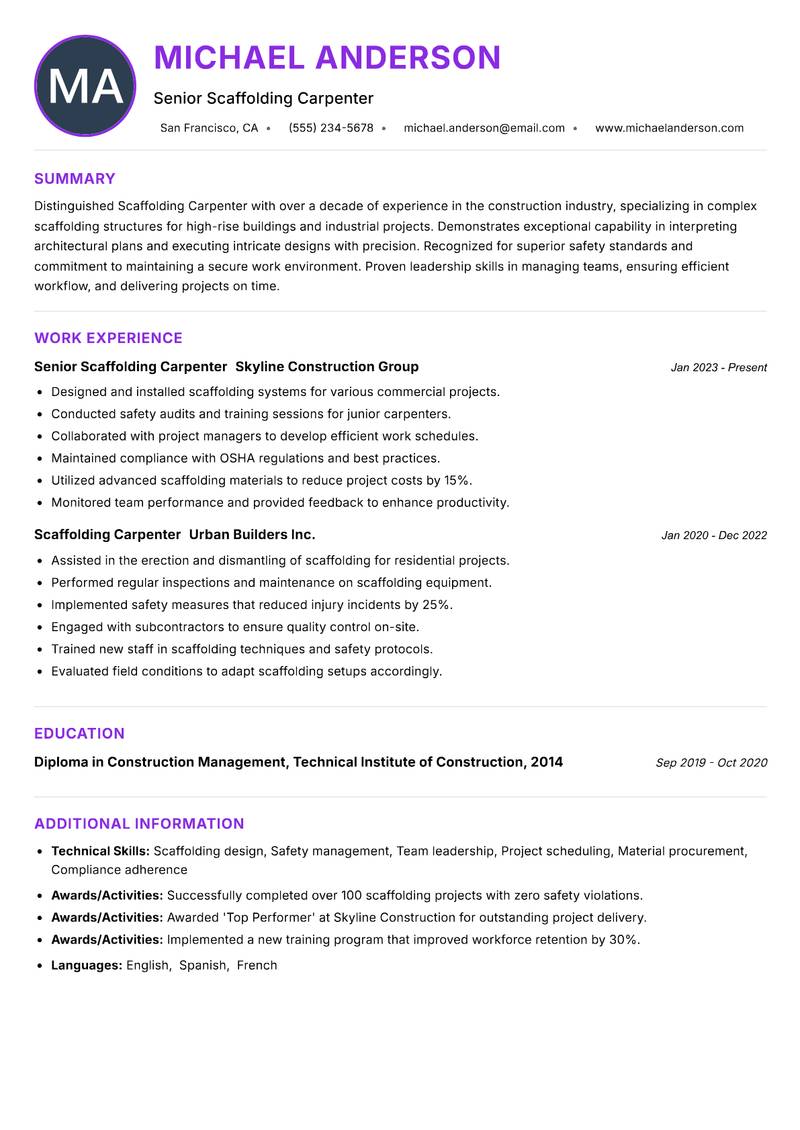 Scaffolding Carpenter resume example