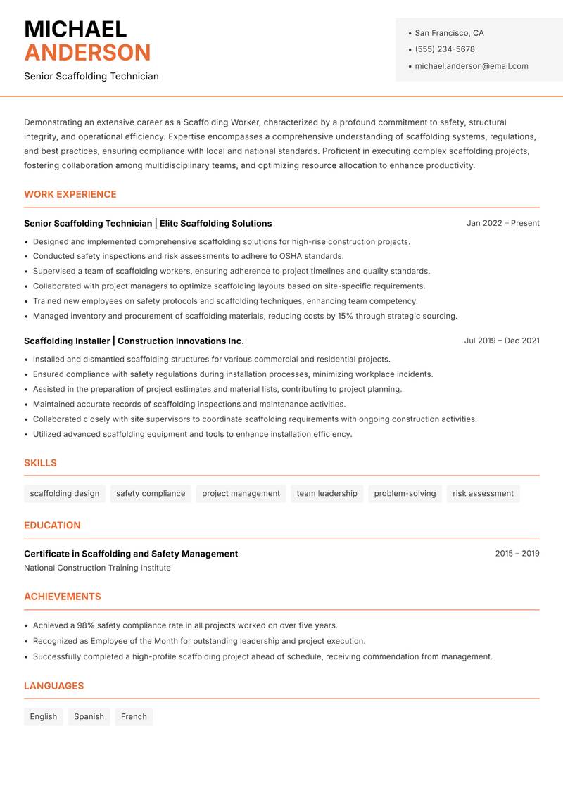 Scaffolding Worker resume sample — Senior Scaffolding Technician focus