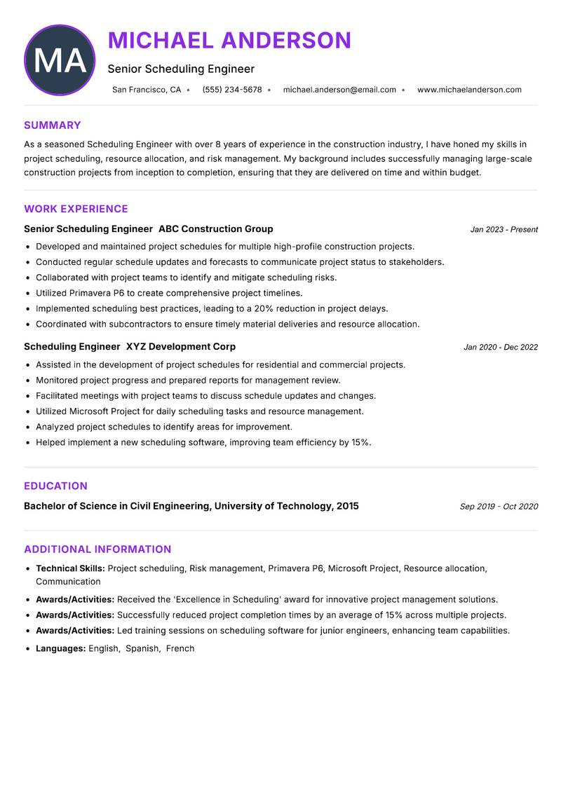Scheduling Engineer resume example