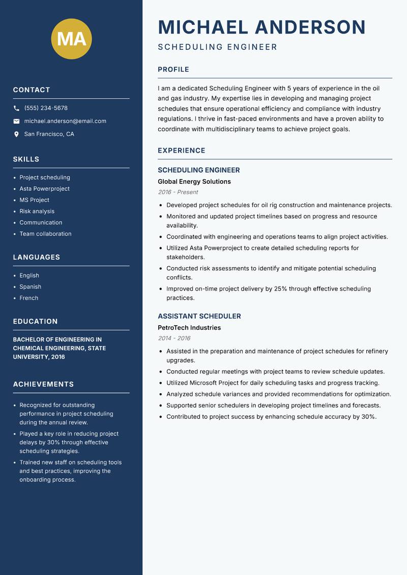 Scheduling Engineer resume sample — Scheduling Engineer focus