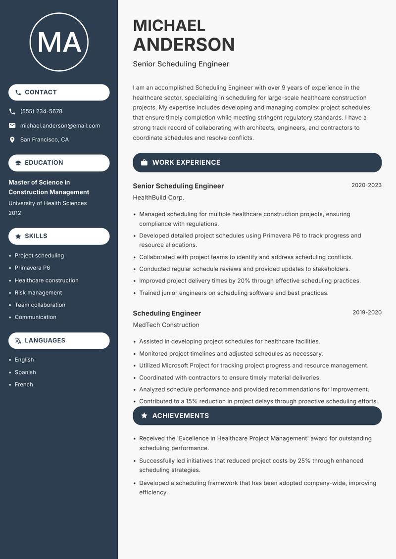 Scheduling Engineer resume sample — Senior Scheduling Engineer focus