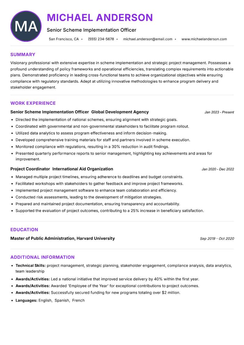 Scheme Implementation Officer resume example