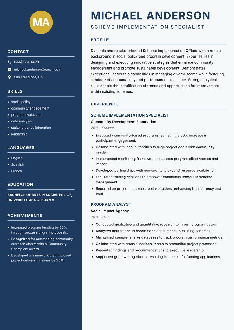 Scheme Implementation Officer resume sample — Scheme Implementation Specialist focus