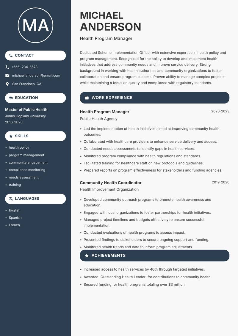 Scheme Implementation Officer resume sample — Health Program Manager focus