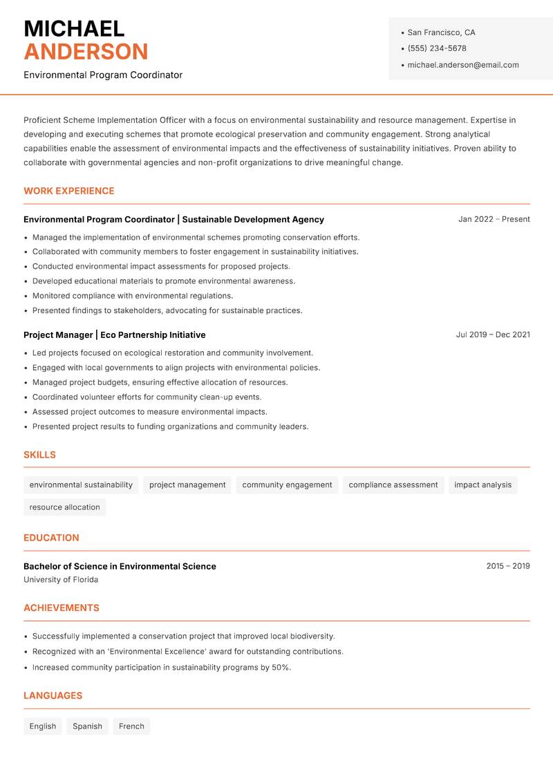 Scheme Implementation Officer resume sample — Environmental Program Coordinator focus