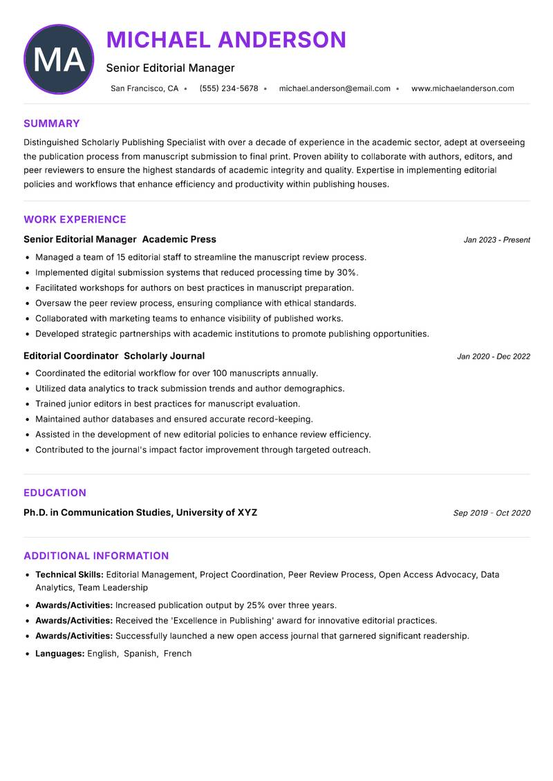 Scholarly Publishing Specialist resume example