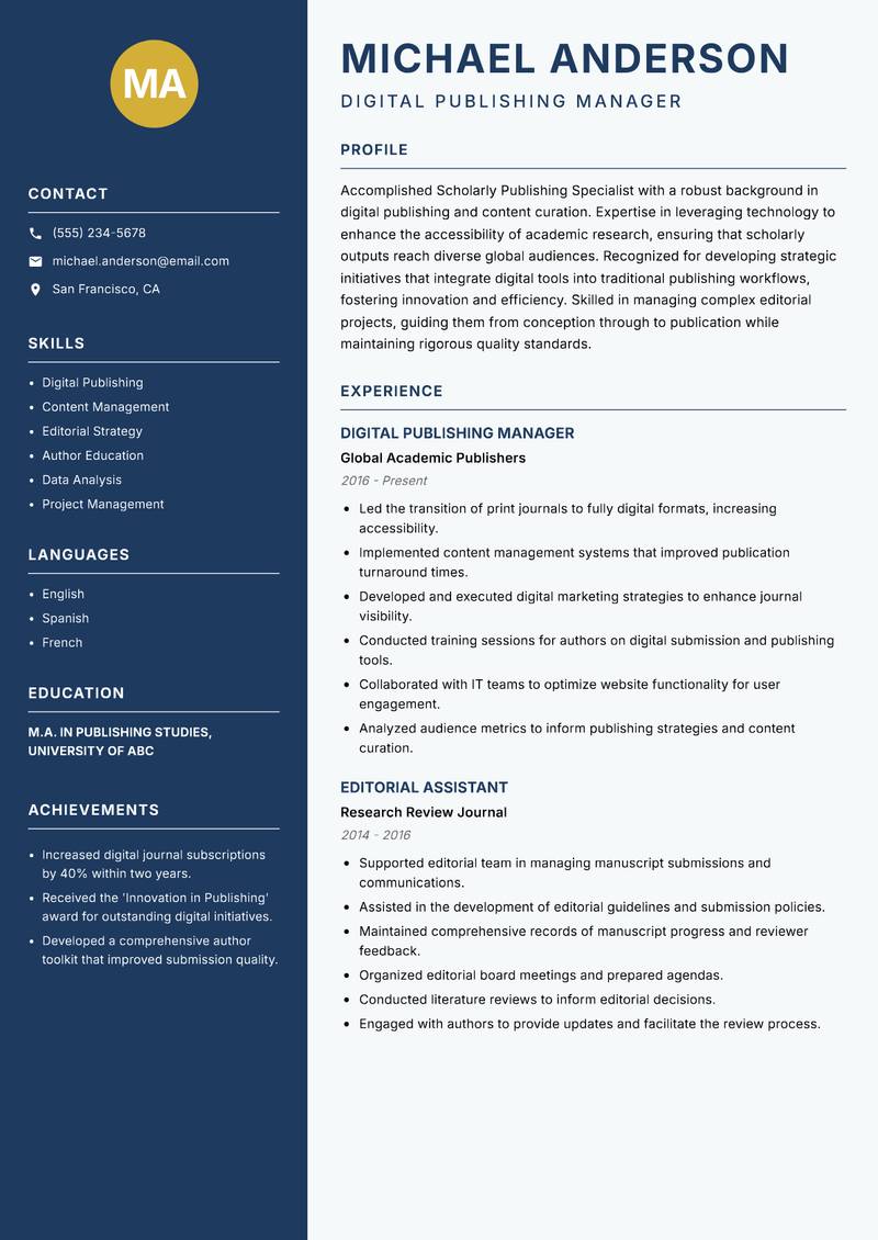 Scholarly Publishing Specialist resume sample — Digital Publishing Manager focus