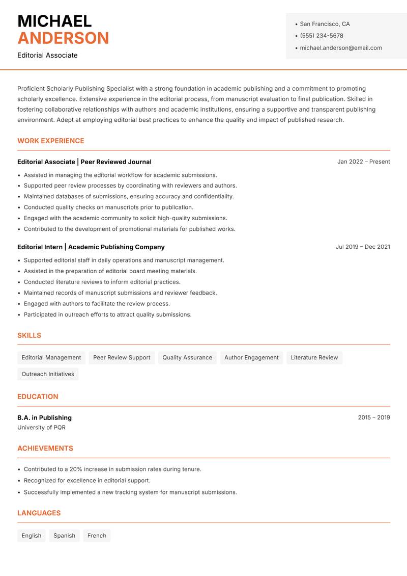 Scholarly Publishing Specialist resume sample — Editorial Associate focus